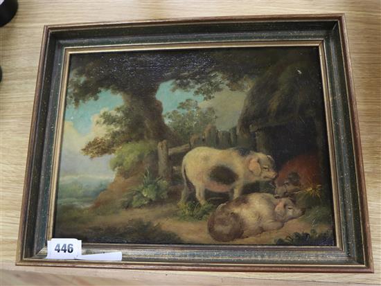 After Morland, oil on canvas, The Old Pigsty, 24 x 32cm